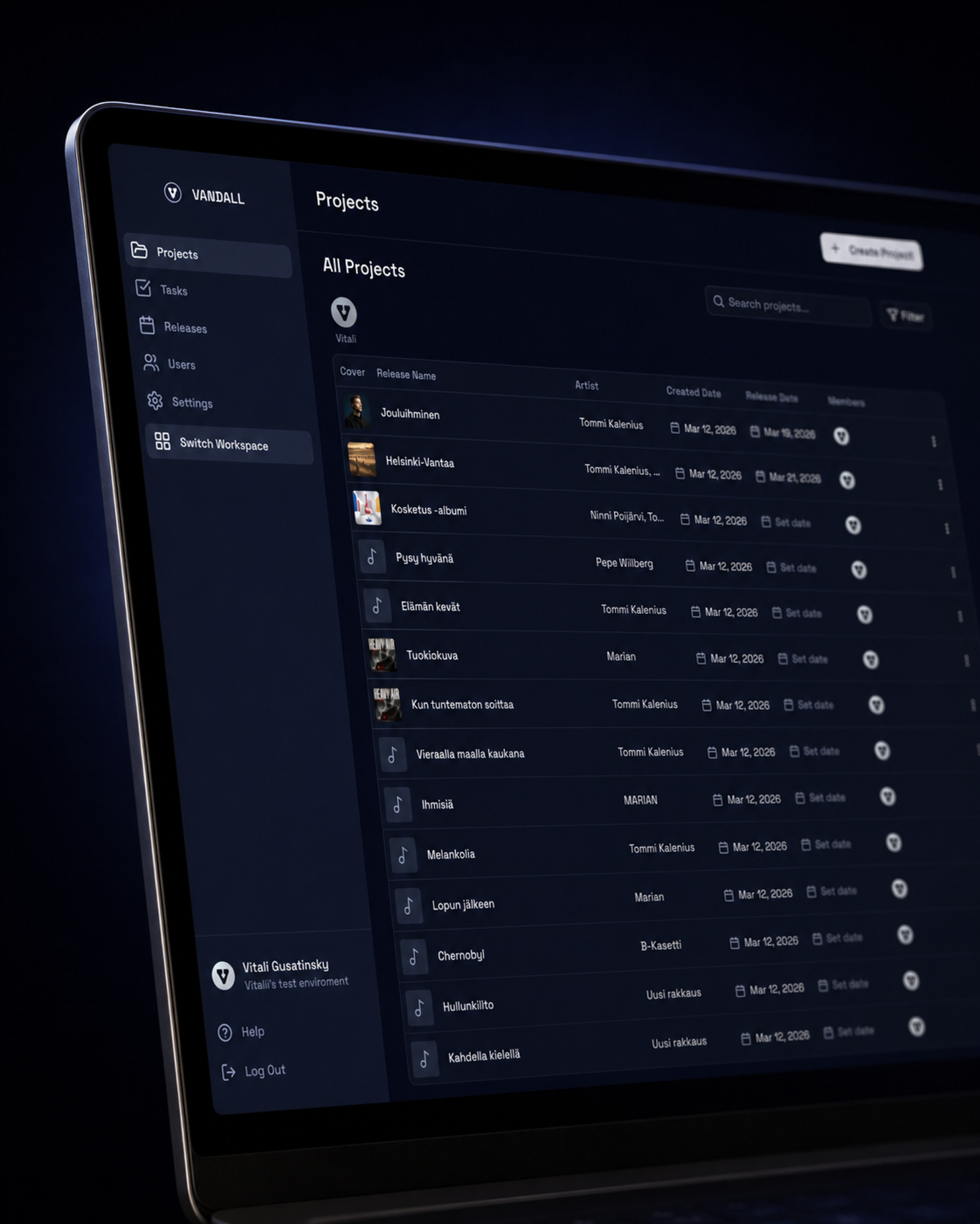 Vandall projects dashboard on a laptop