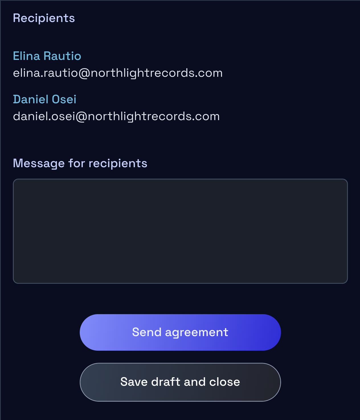 The agreement preview showing recipients before sending