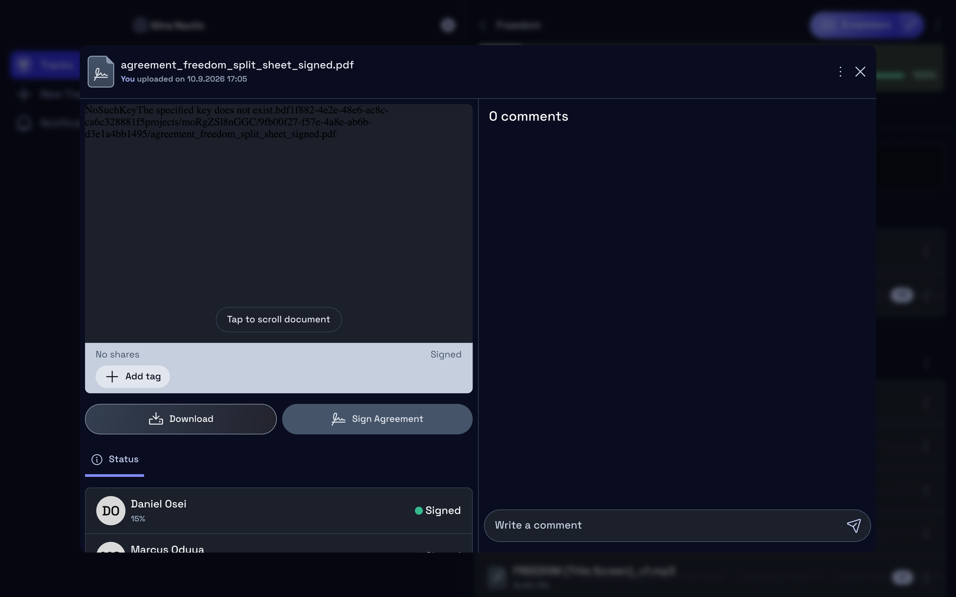 A signed PDF open in preview: Tap to scroll document over the page, then Download, Sign Agreement and the signers’ status