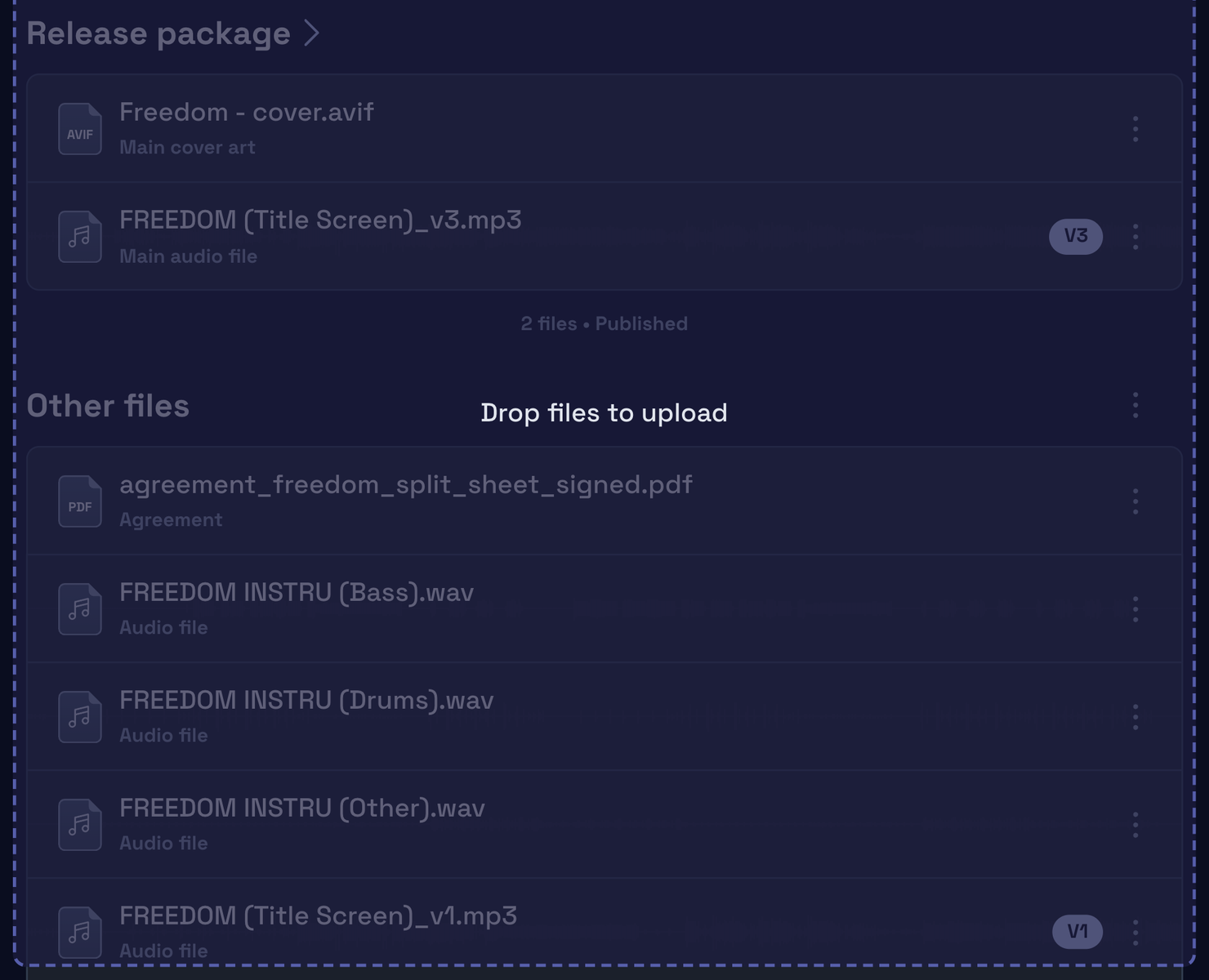 A track’s Files tab: the v3 master in the release package, and the v1 mix and the stems under Other files