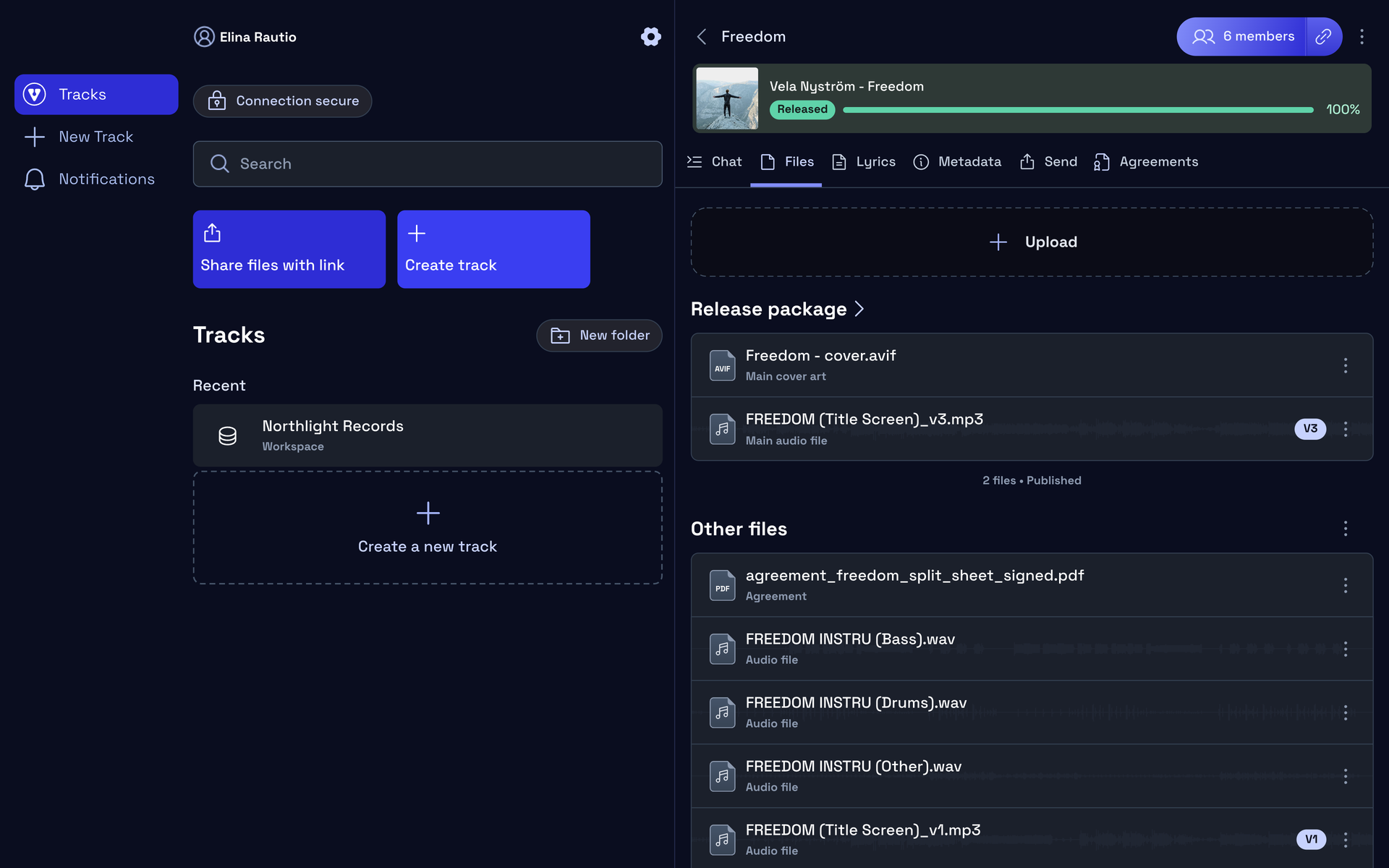 A track’s Files tab: the Upload button above the release package and the other files