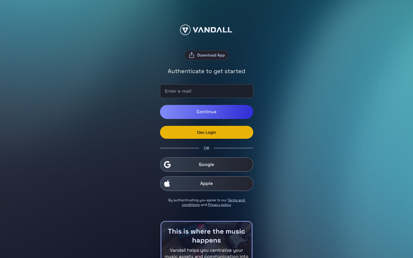 Vandall sign-in screen with email, Google, and Apple options