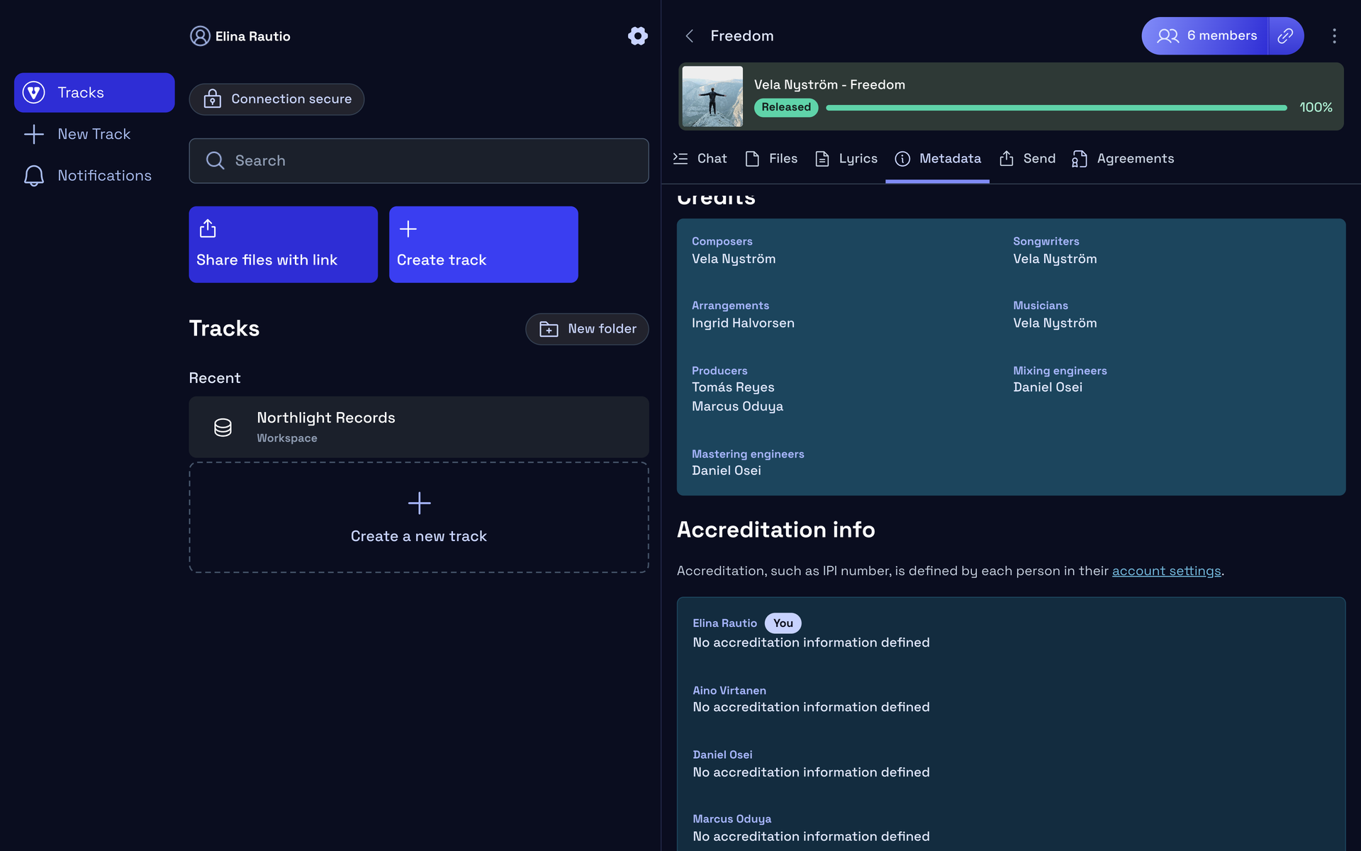 A track’s Metadata tab showing the Accreditation info section populated from Settings