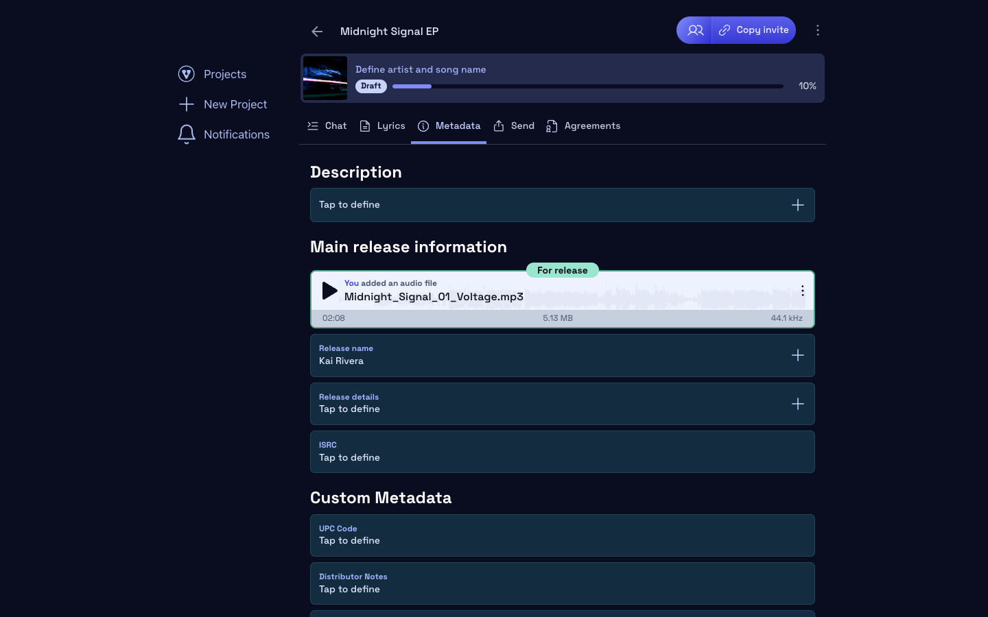 Metadata tab next to listen analytics for a producer demo on Vandall