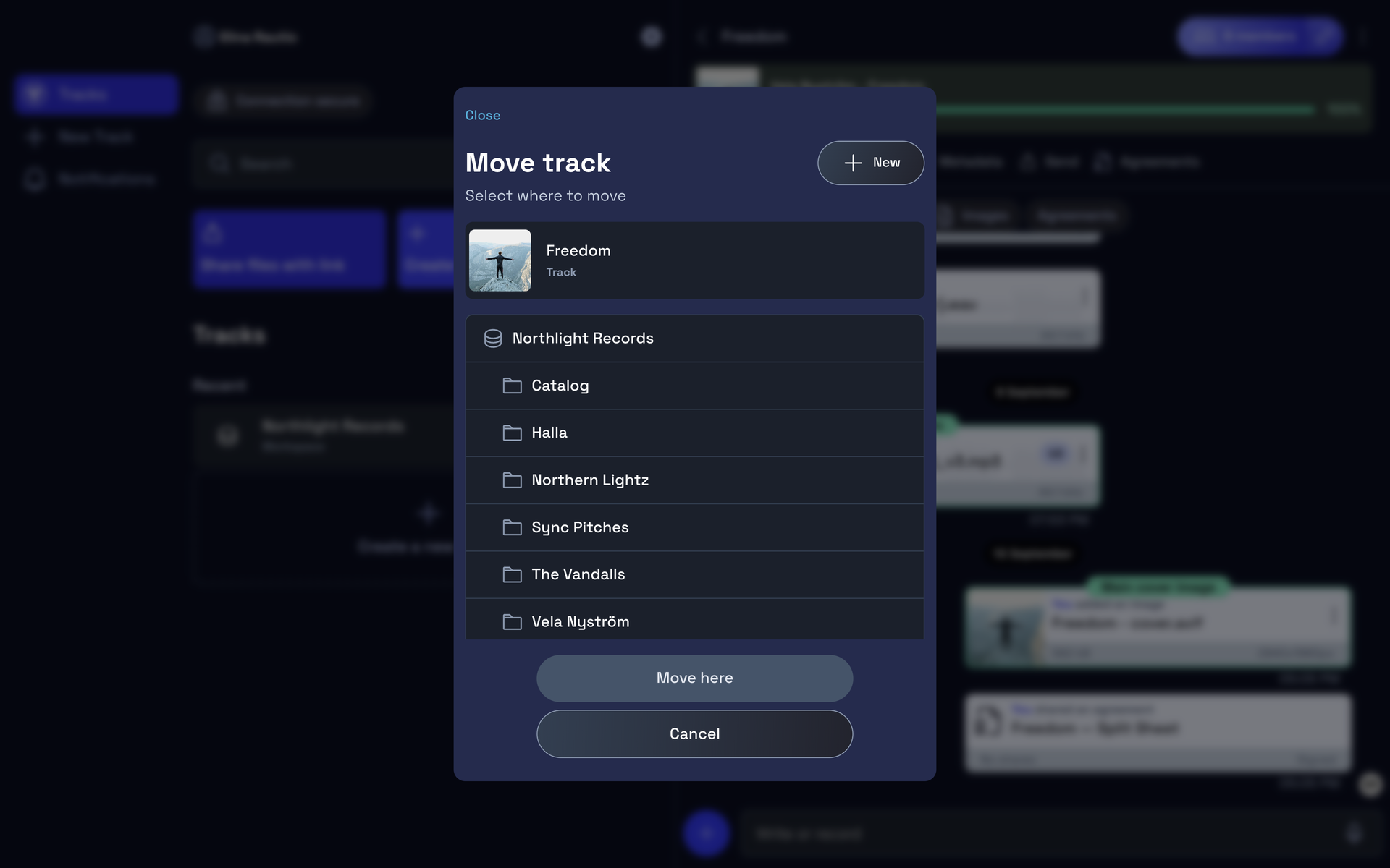 The Move track sheet in the App, listing the workspace and folders a track can be moved into