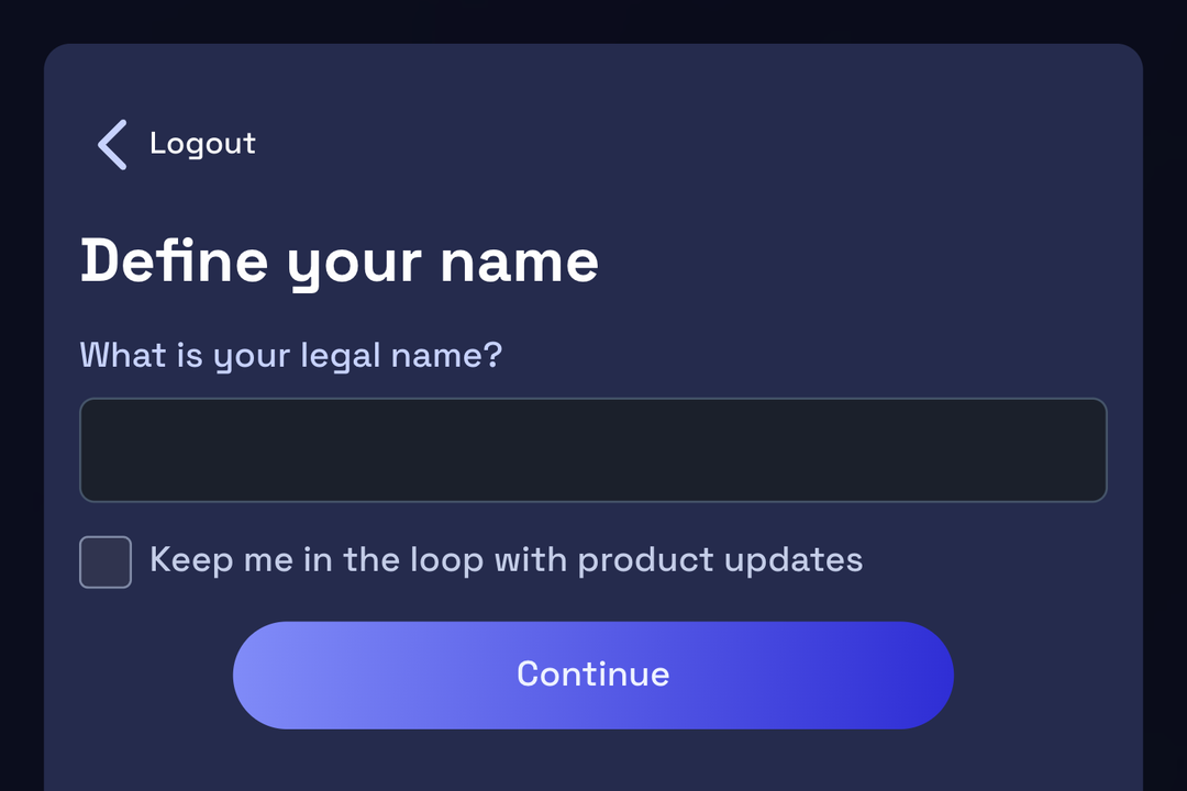 The Define your name dialog: the legal-name field, a product-updates checkbox and Continue