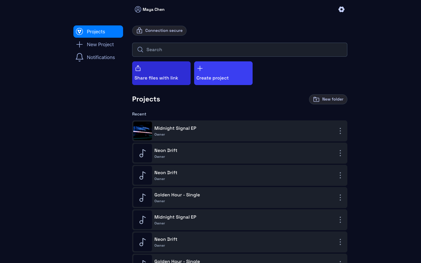 Projects list view used as a manager roster, showing each artist with release status and next milestone