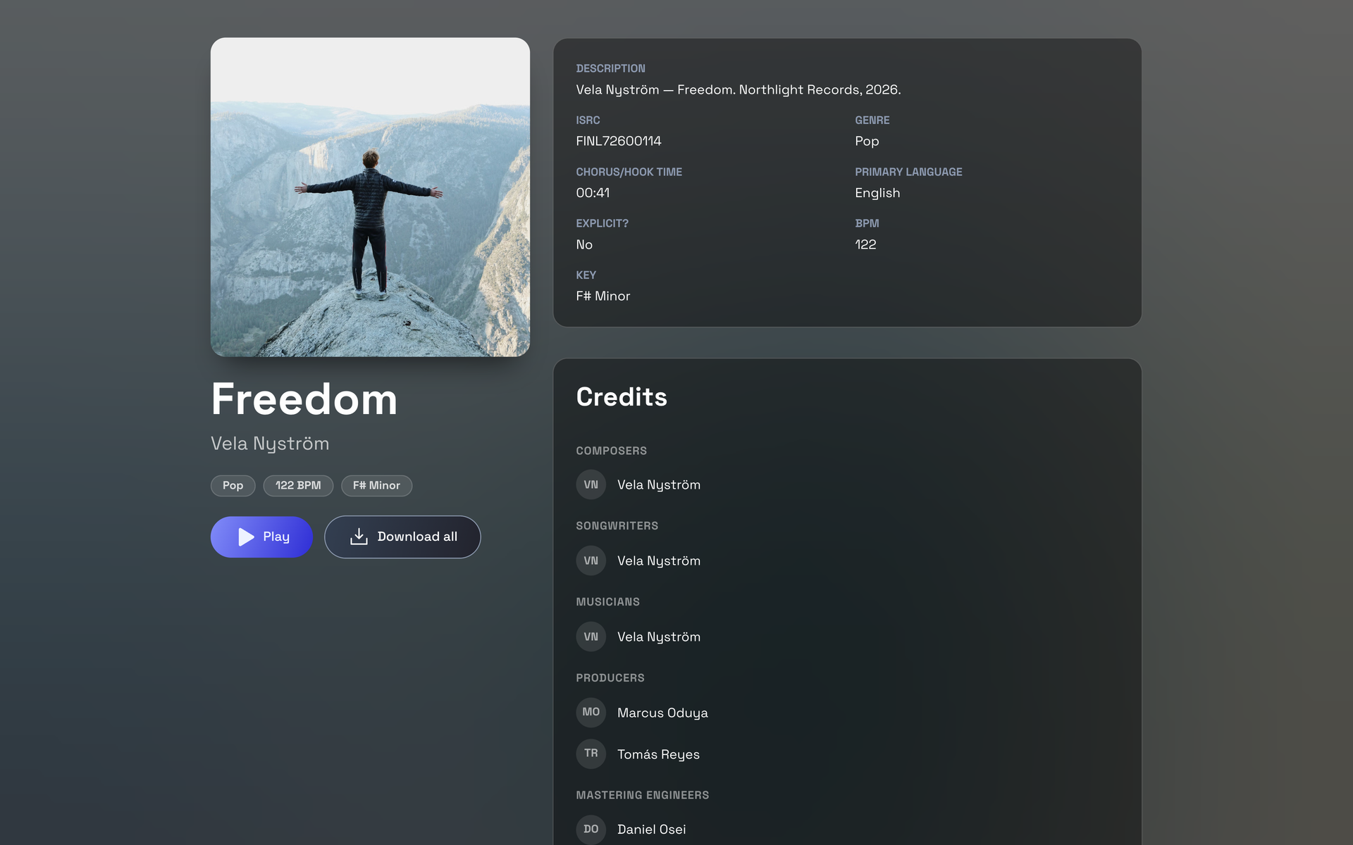 The public release page in a signed-out browser with artwork, player and credits