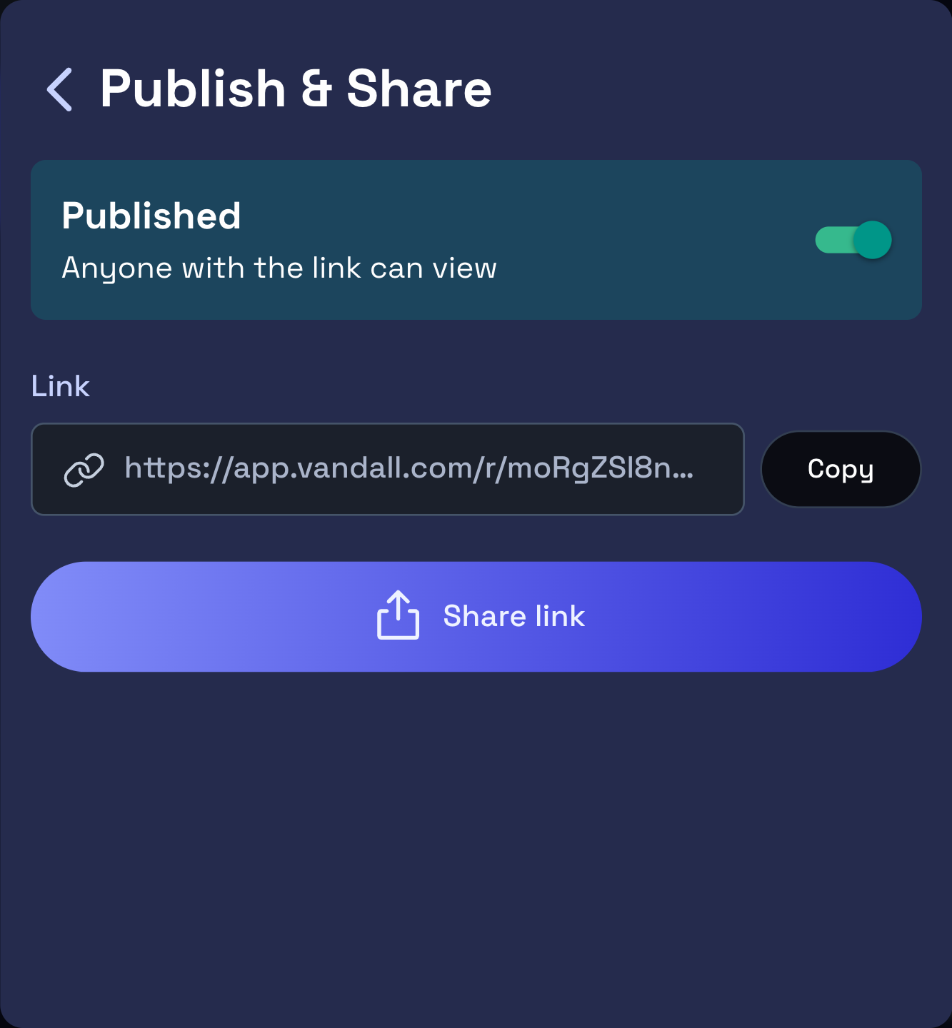 The Publish & Share panel after publishing: Published, Anyone with the link can view, and the share link with Copy