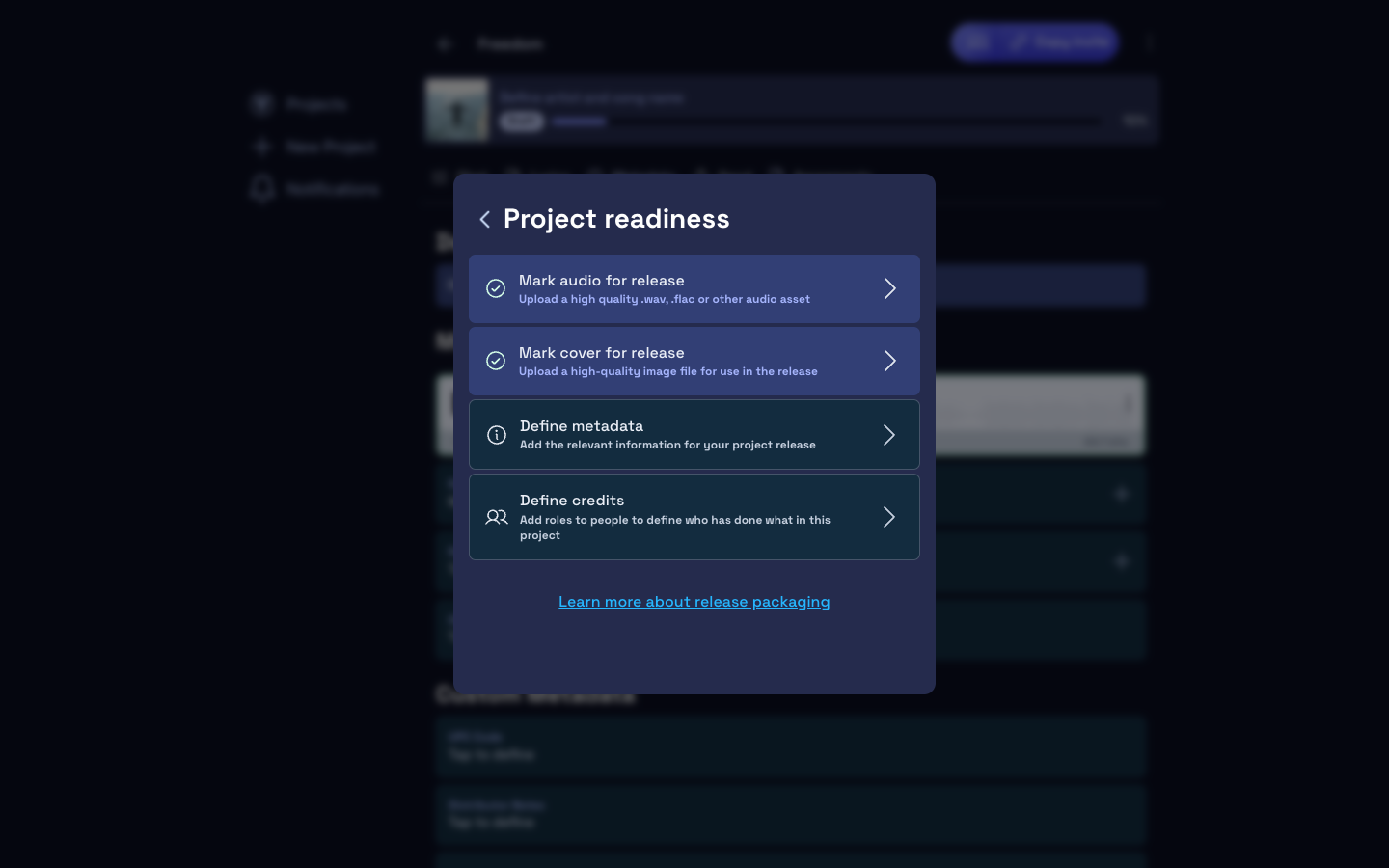 Release readiness panel showing audio, metadata, splits, and agreements scored individually