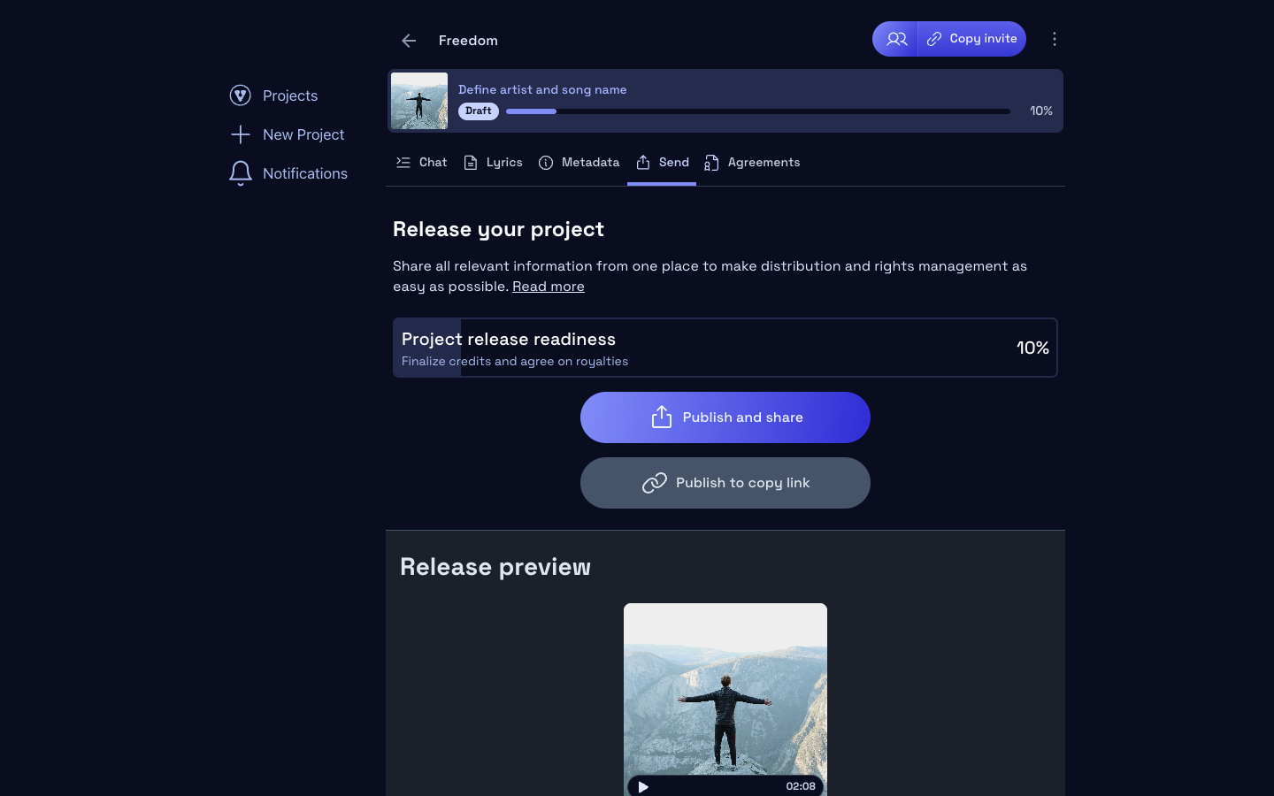 Send tab with a producer dropping a lossless WAV bounce into a Vandall project