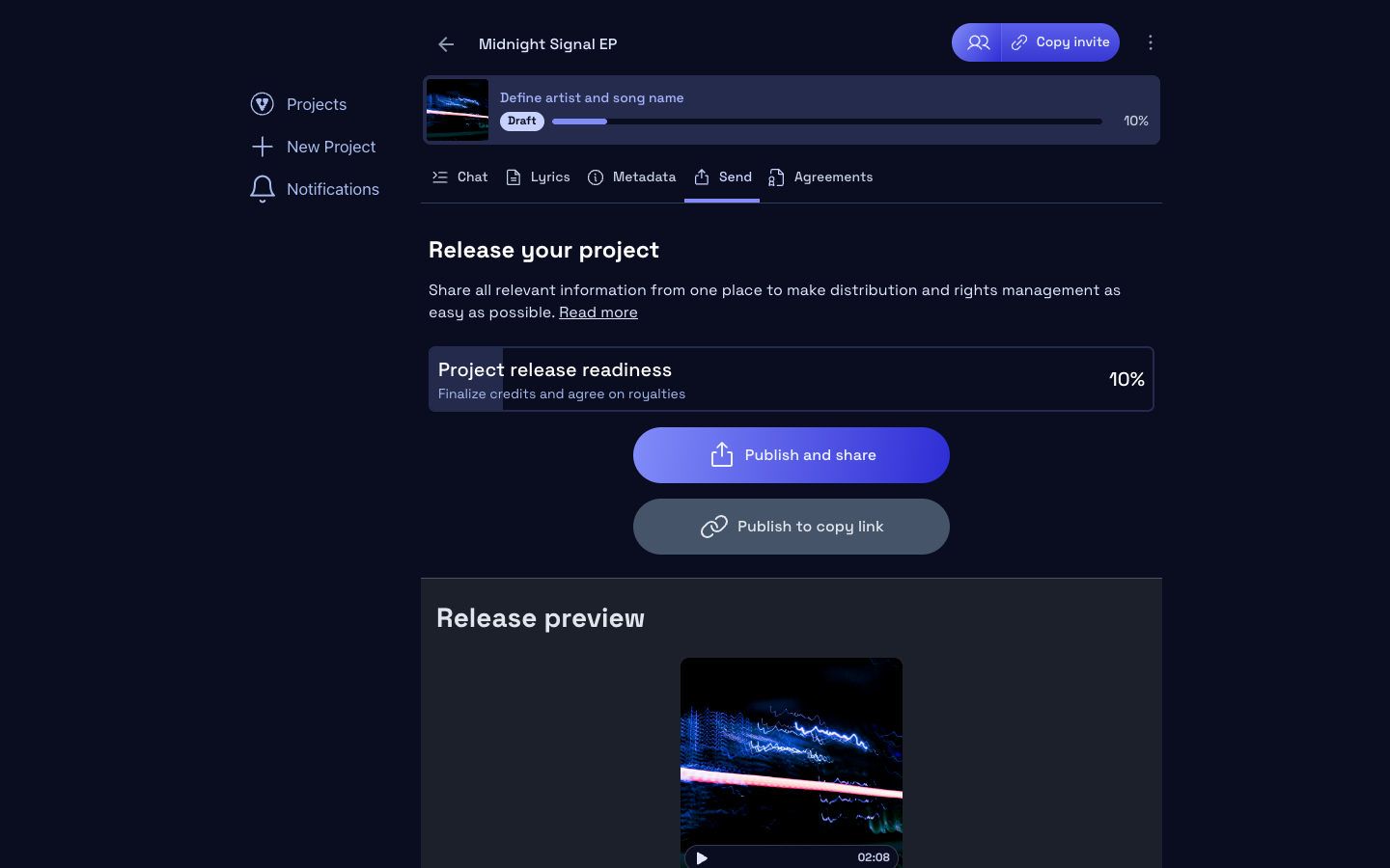 Send tab in Vandall showing release preview and share controls
