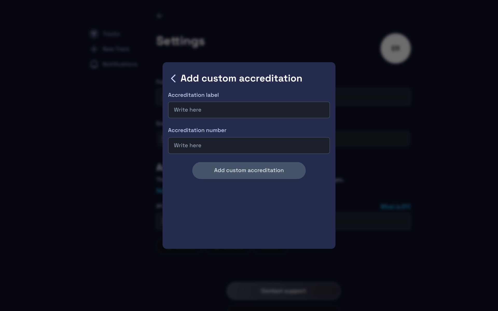 The Add custom accreditation dialog with its label and value fields