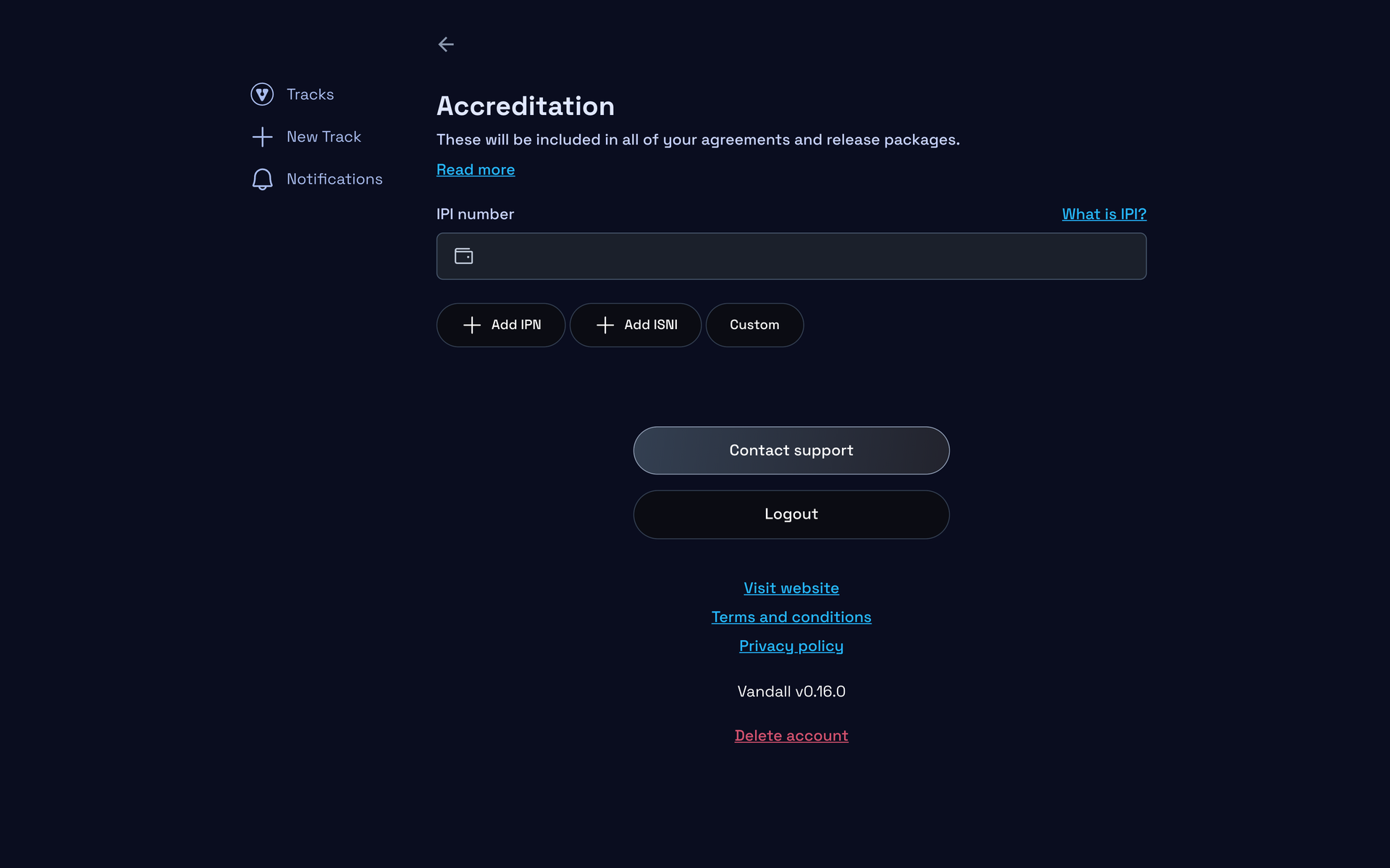 The Settings screen with the Logout and Delete account controls