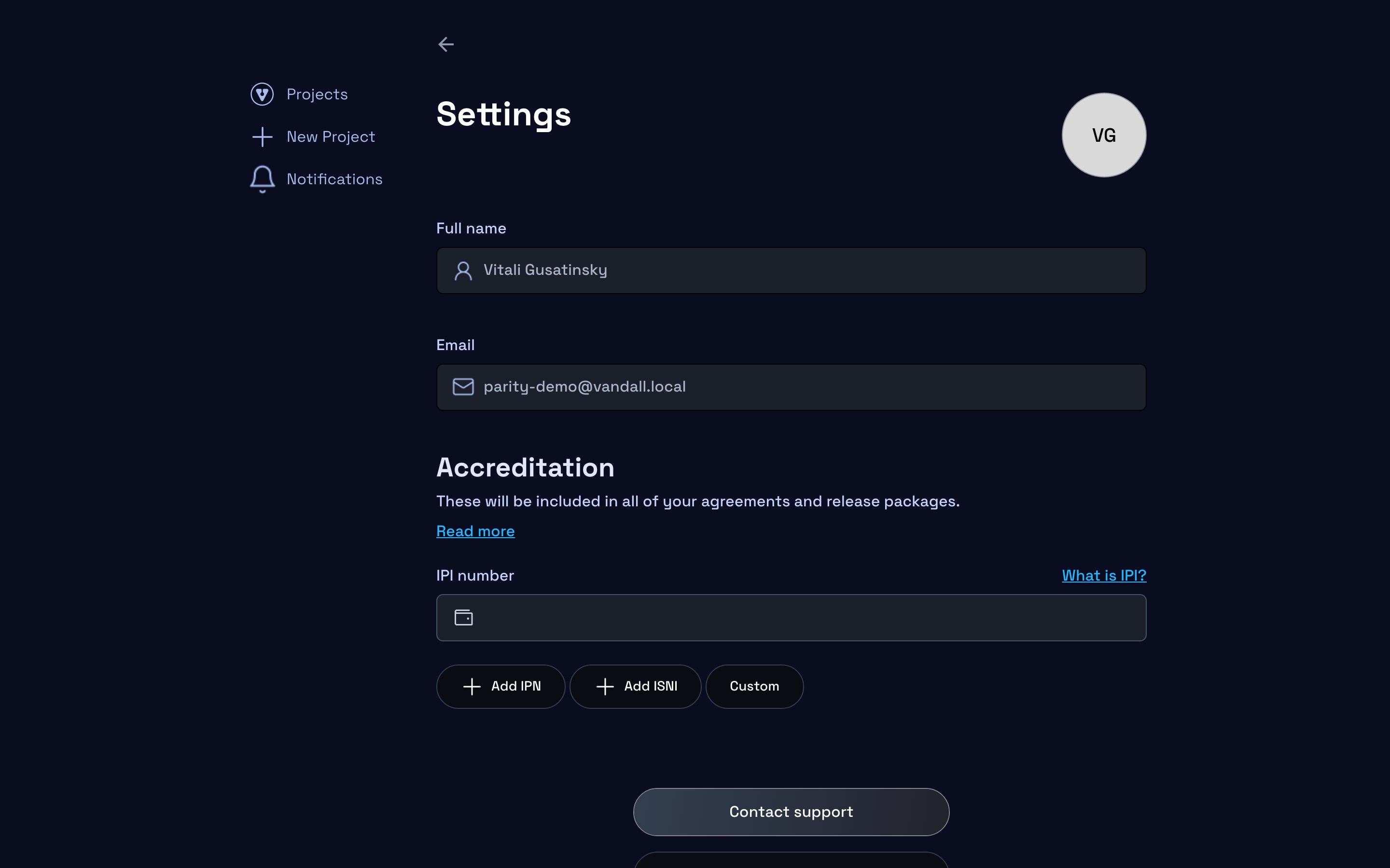 Vandall App settings screen
