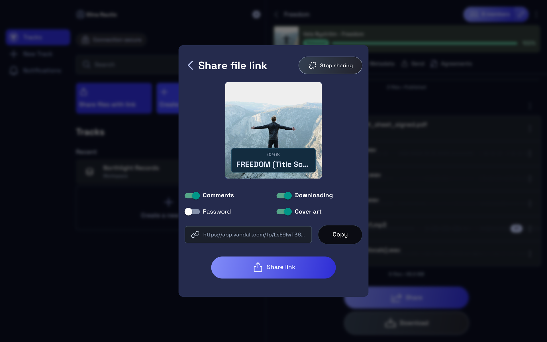 The Share file link panel with the link, a Copy button, and the permission toggles