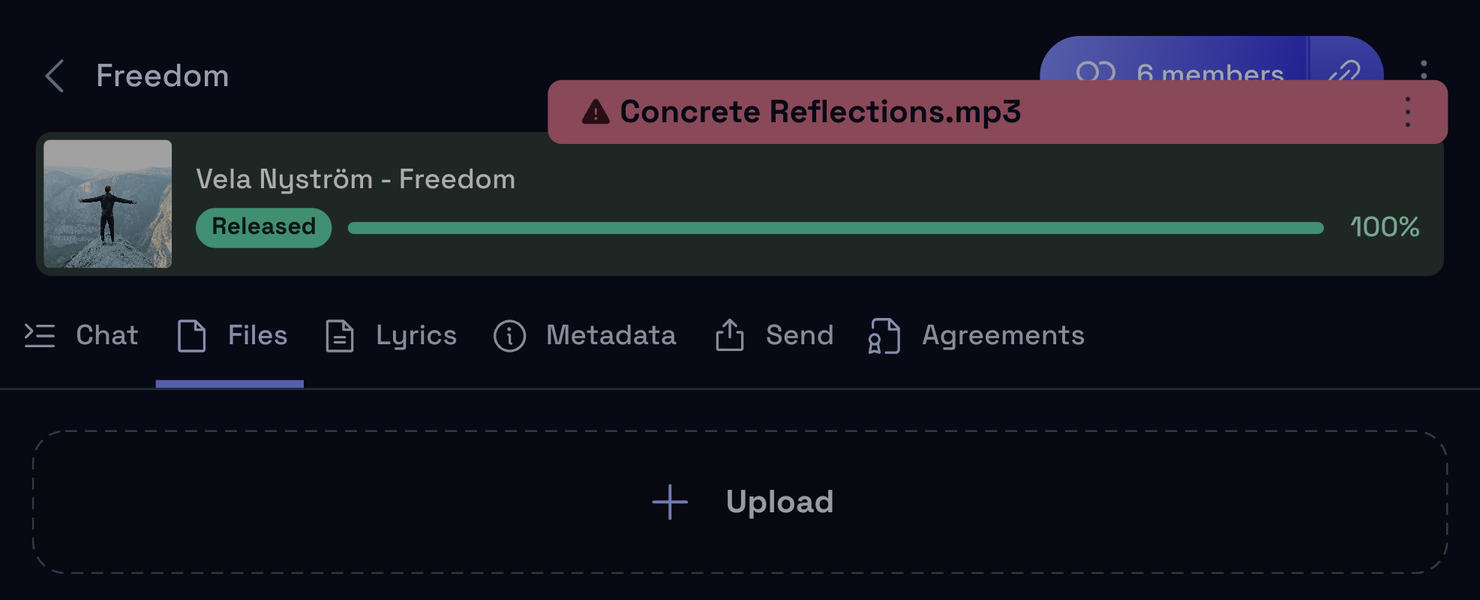 A failed upload shown as a red pill with a warning sign at the top of the track
