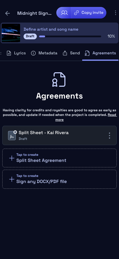 Mobile view of the agreements tab with split percentages and a contributor signing in