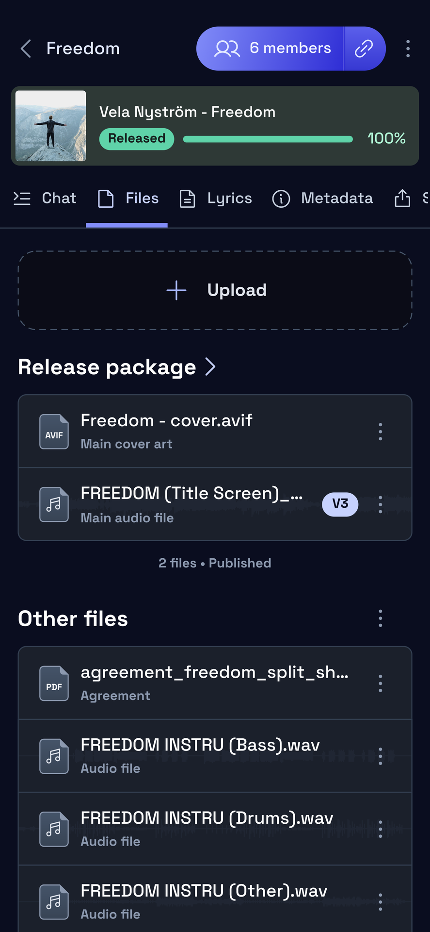The Files tab on a phone with the Upload button at the top