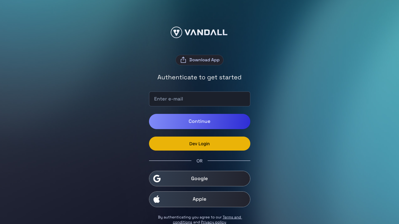 Vandall mobile sign-in screen with email, Google, and Apple ID options