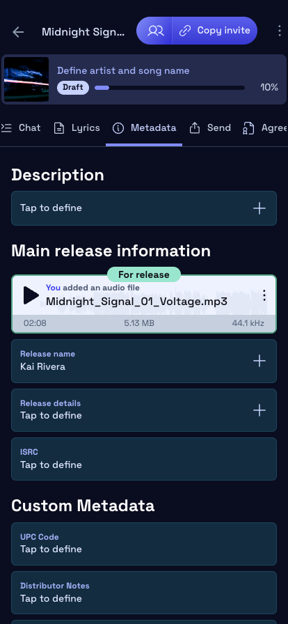 Metadata tab showing Release Information fields and completion indicators