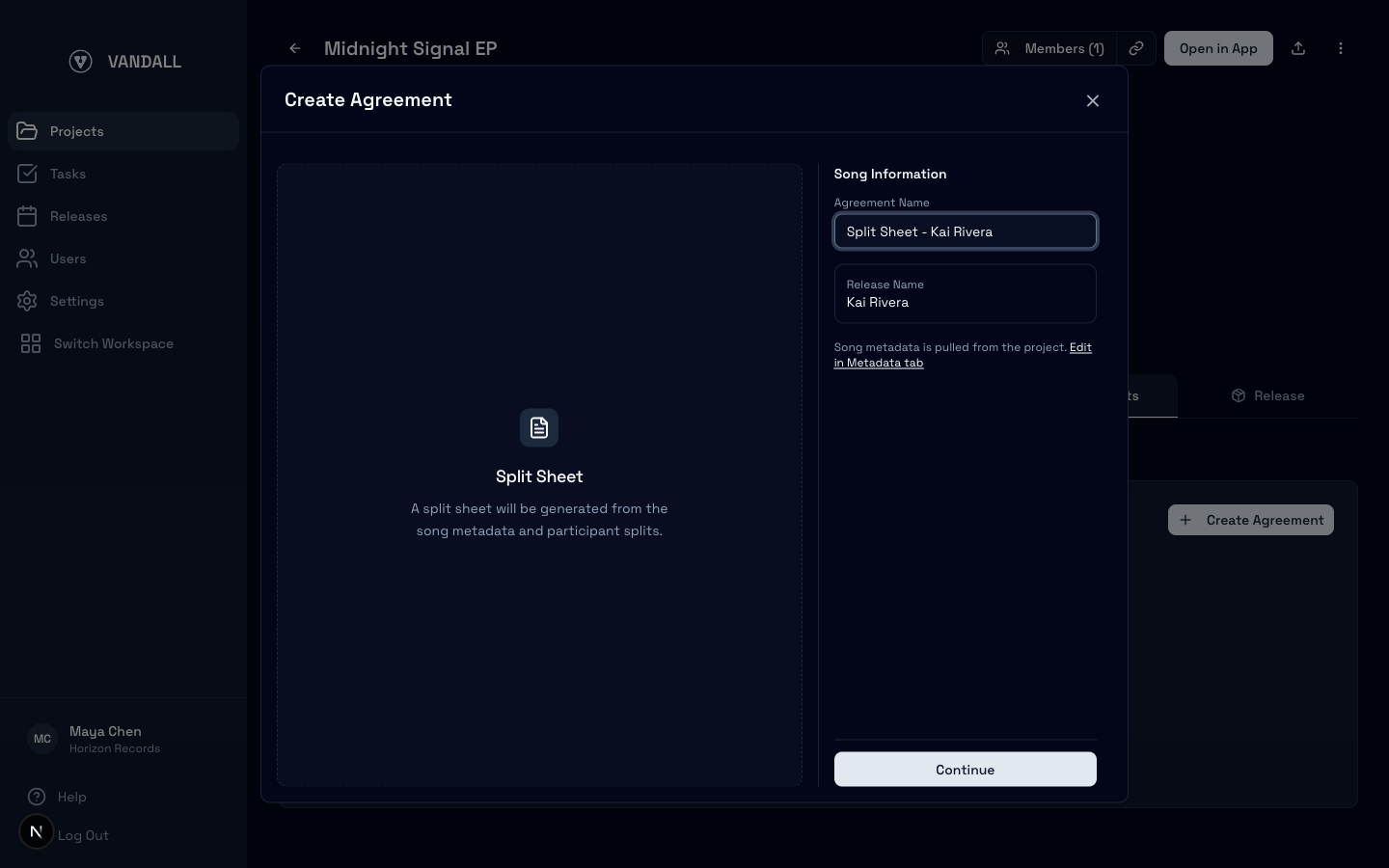 Vandall Business split sheet song information step with agreement name and release name