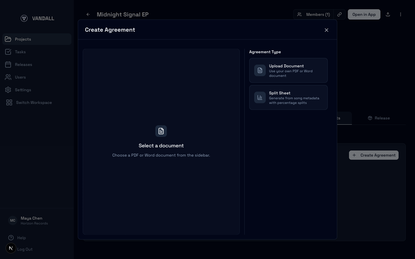 Vandall Business create agreement dialog with Split Sheet selected