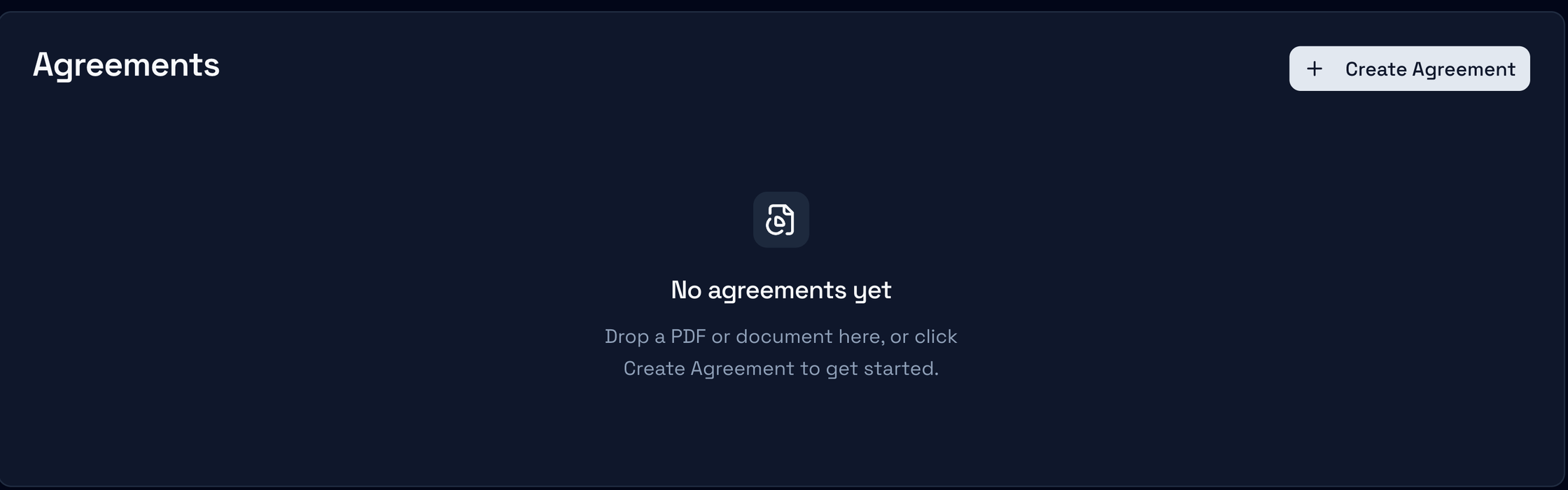 Concrete Reflections’ Agreements tab with No agreements yet and the Create Agreement button