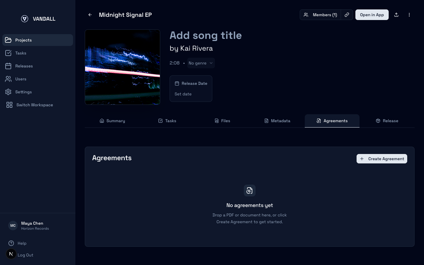 Vandall Business agreements tab tracking signing progress