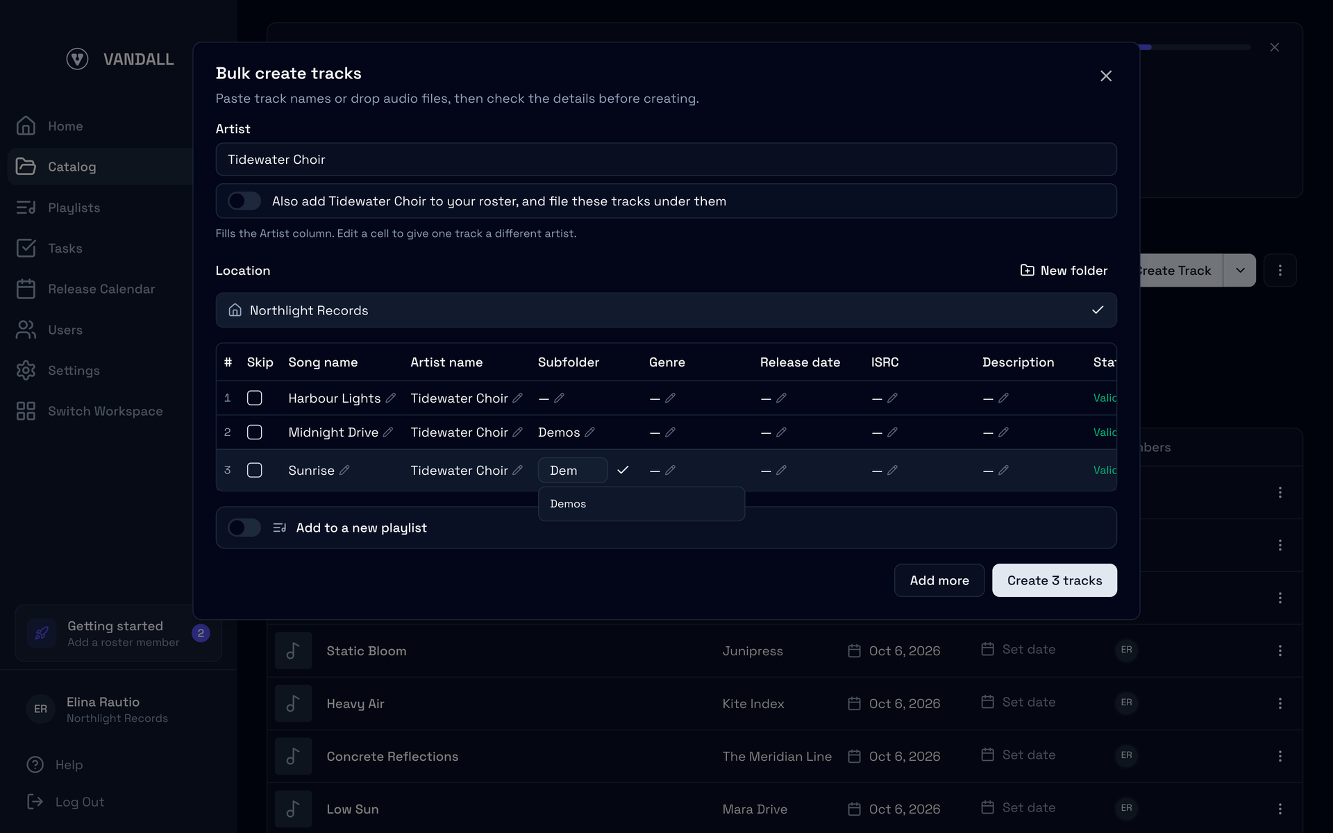 The review table with Demos as the second track’s subfolder, and the third track’s Subfolder cell open with Demos suggested below it