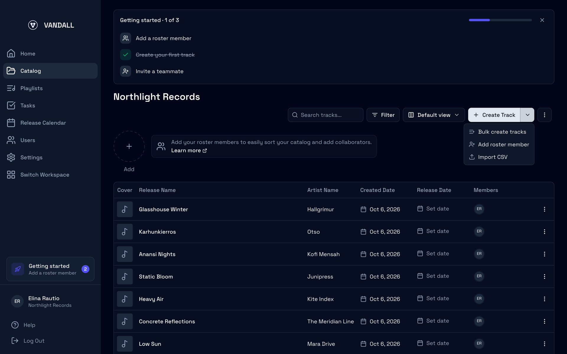 The Catalog with the menu beside Create Track open, listing Bulk create tracks, Add roster member and Import CSV