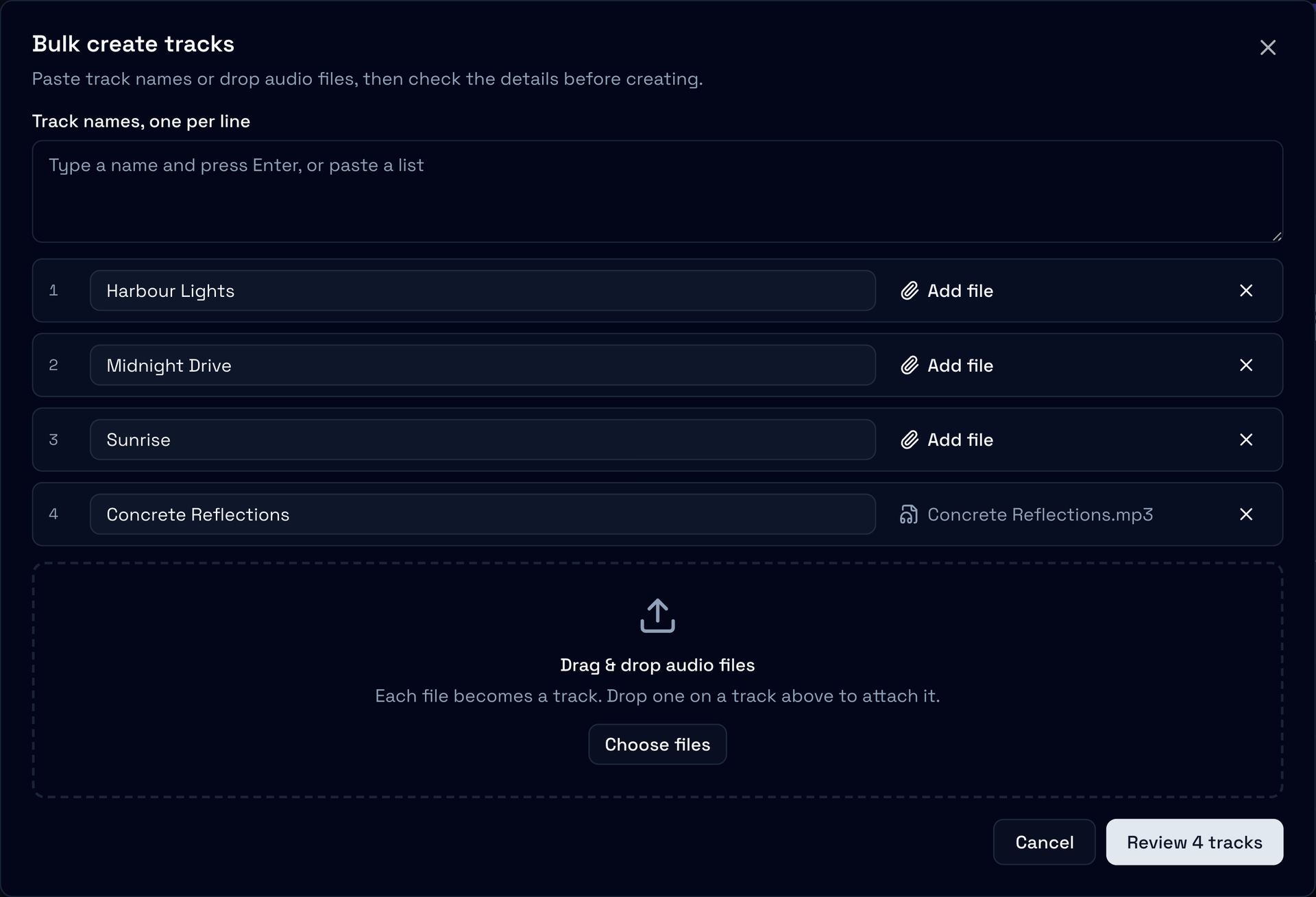 The Bulk create tracks dialog with four rows: Harbour Lights, Midnight Drive and Sunrise typed, and Concrete Reflections made from Concrete Reflections.mp3, above the drop area and Review 4 tracks