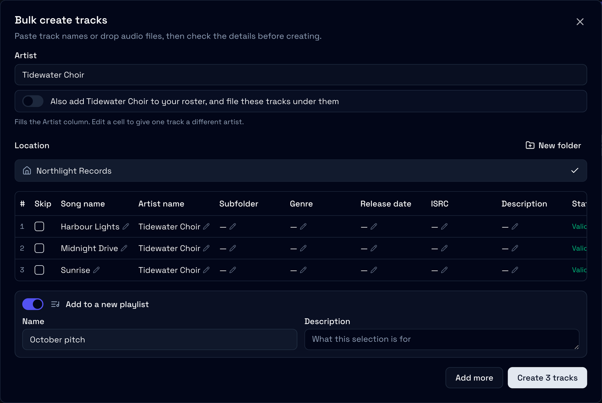 The review step with Add to a new playlist turned on, October pitch typed as the name, and the Create 3 tracks button