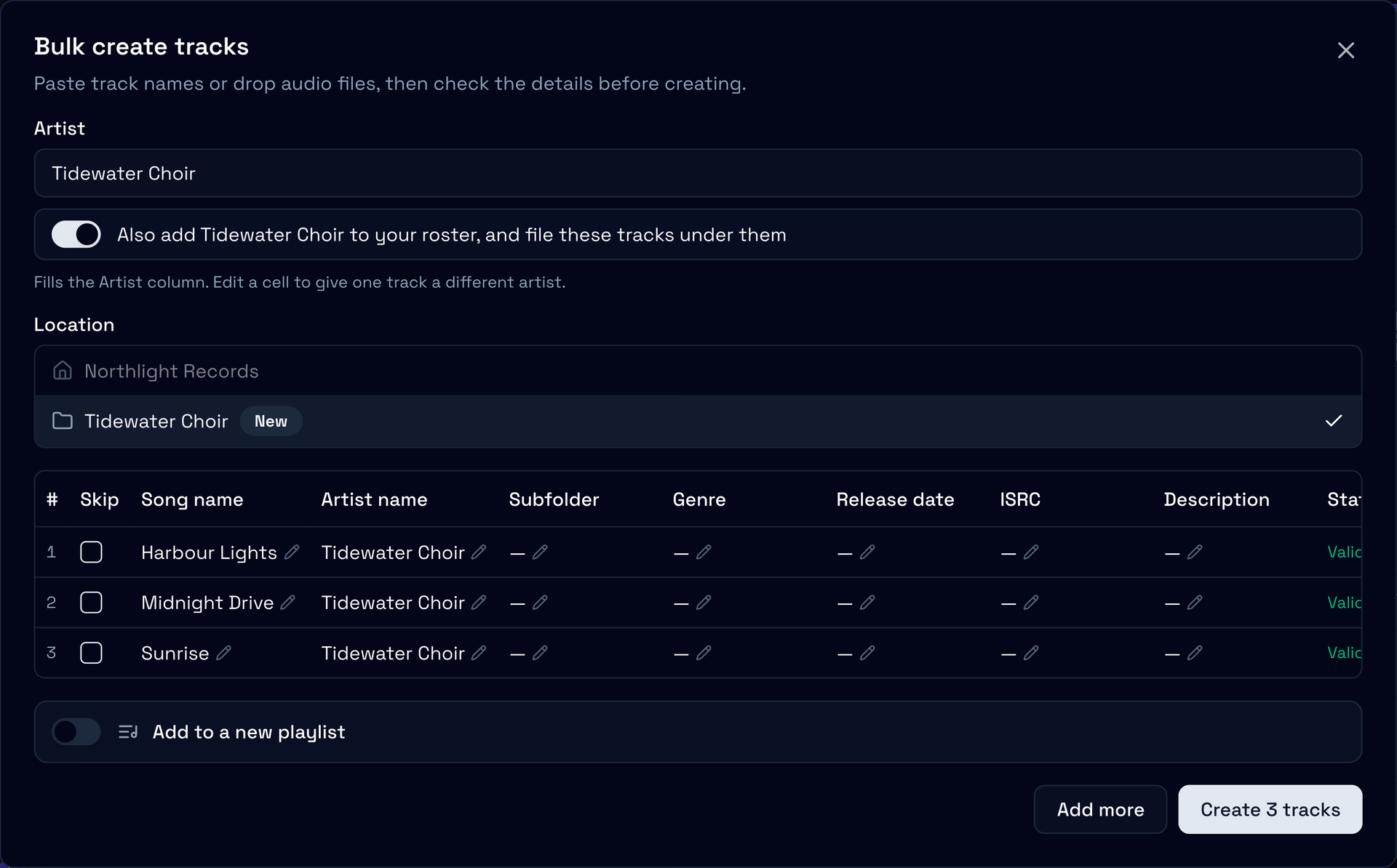 The review step of Bulk create tracks: Tidewater Choir as the artist, the roster switch on, a new Tidewater Choir folder as the Location, and a row for each track