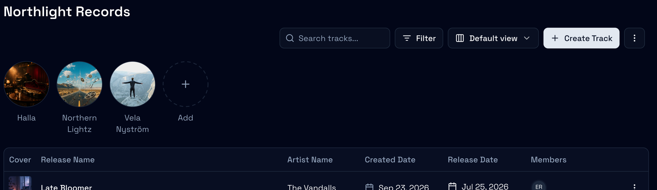 The top of the Catalog: the toolbar ending in Create Track, the roster rail with Halla, and the first folders