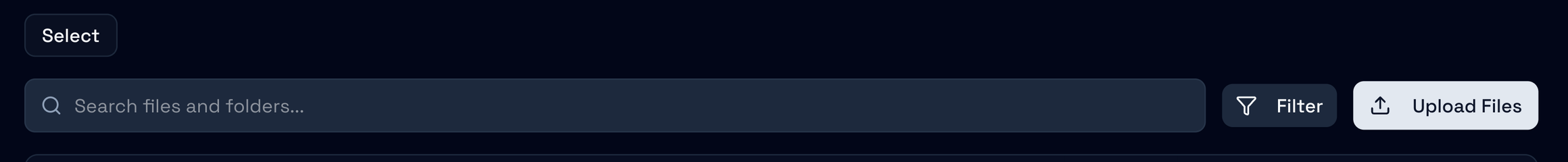 The Files tab toolbar: Select, Search files and folders, Filter and Upload Files