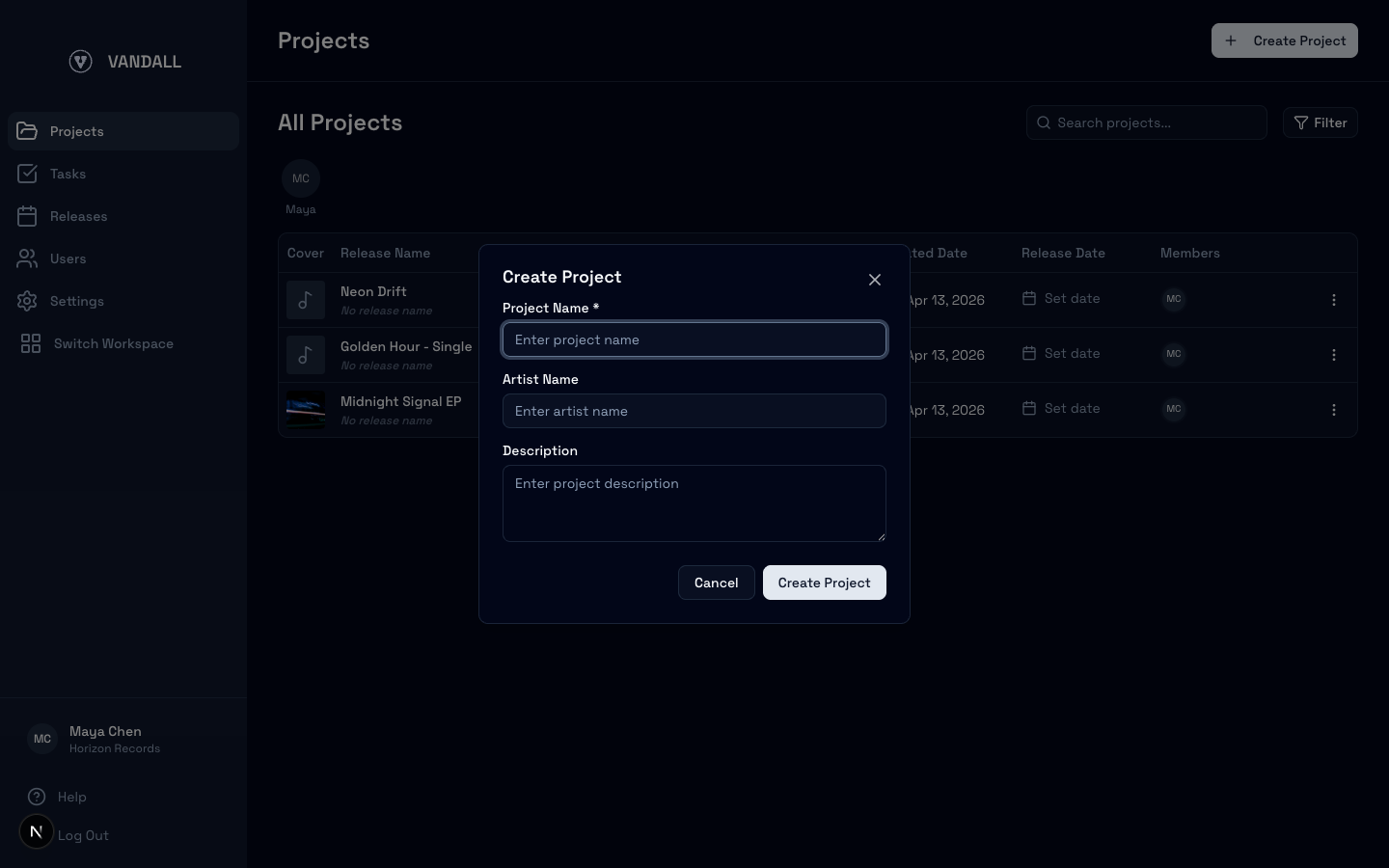 Create Project dialog