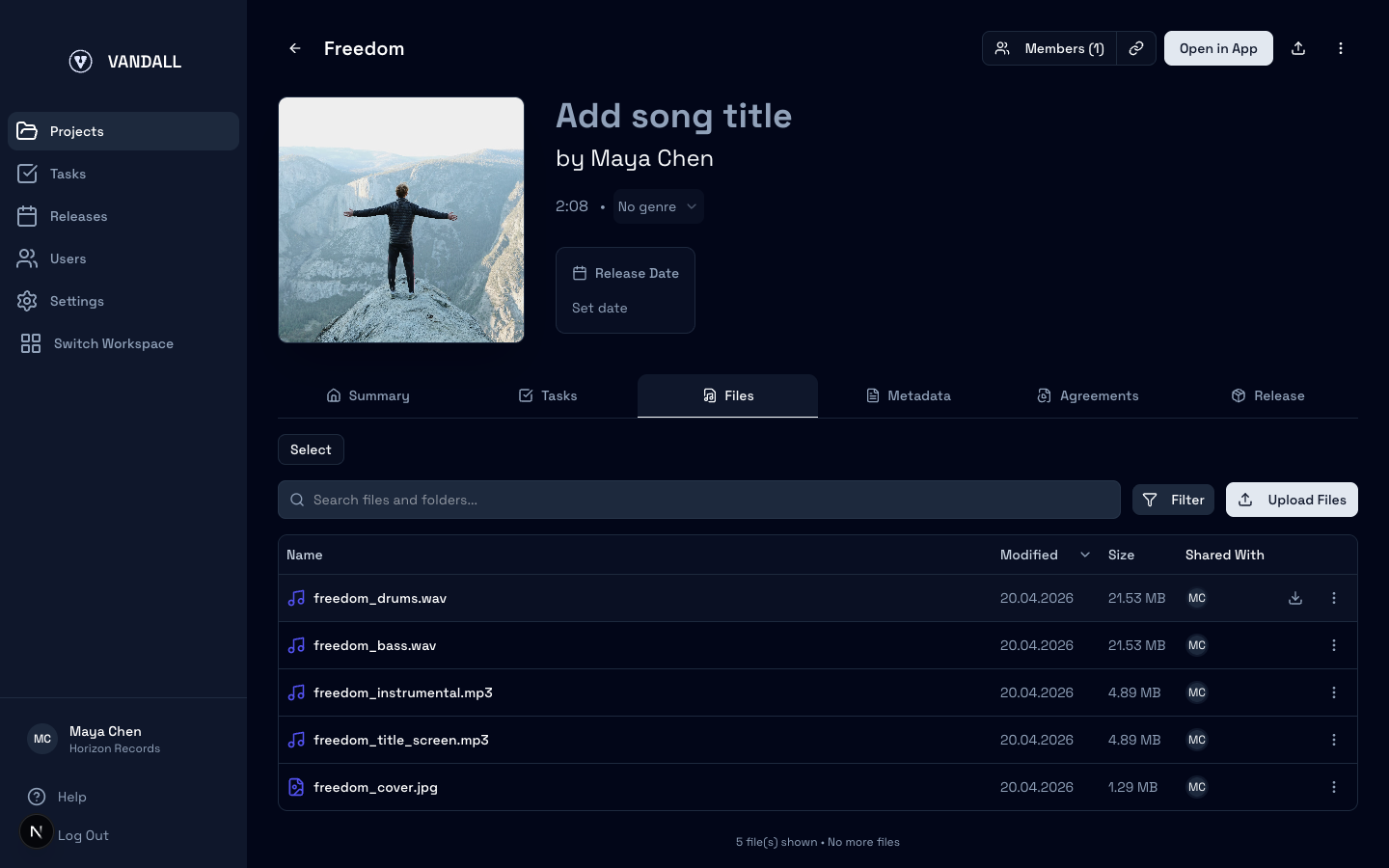 Files tab with audio and artwork