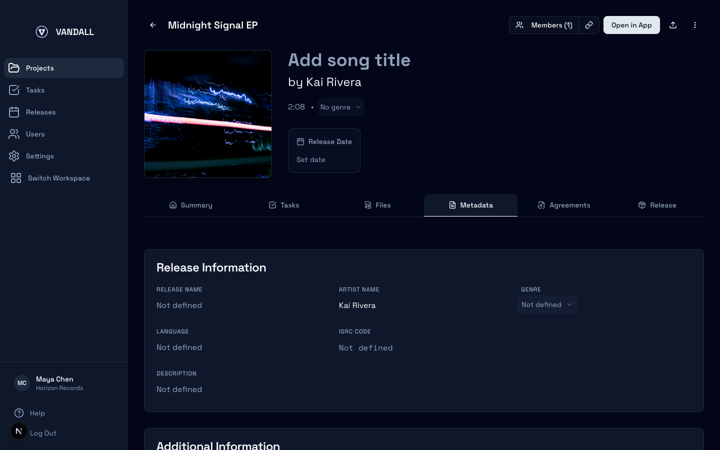 Metadata tab filled in