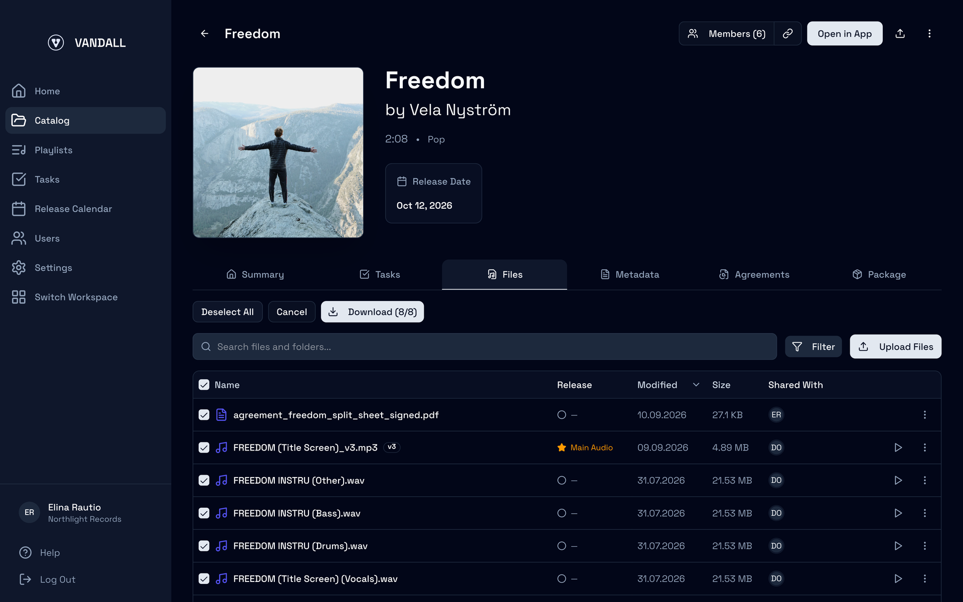 Freedom’s Files tab in selection mode with every file ticked and Download (8/8)