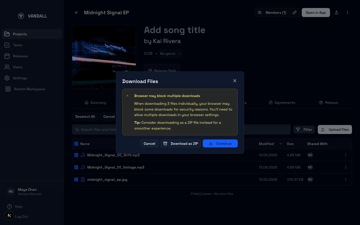 Download zip modal in Vandall Business