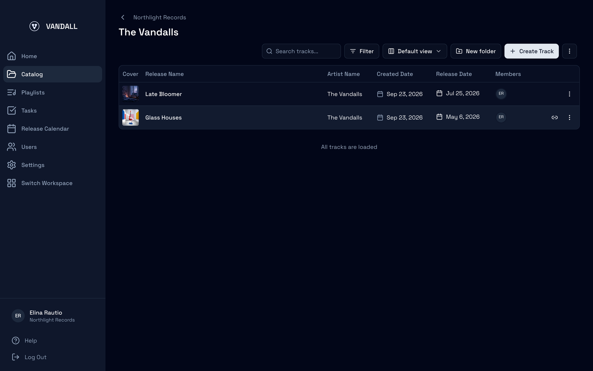 A folder opened in Vandall Business: the breadcrumb back to the workspace, the folder name, New folder, and the folder’s tracks