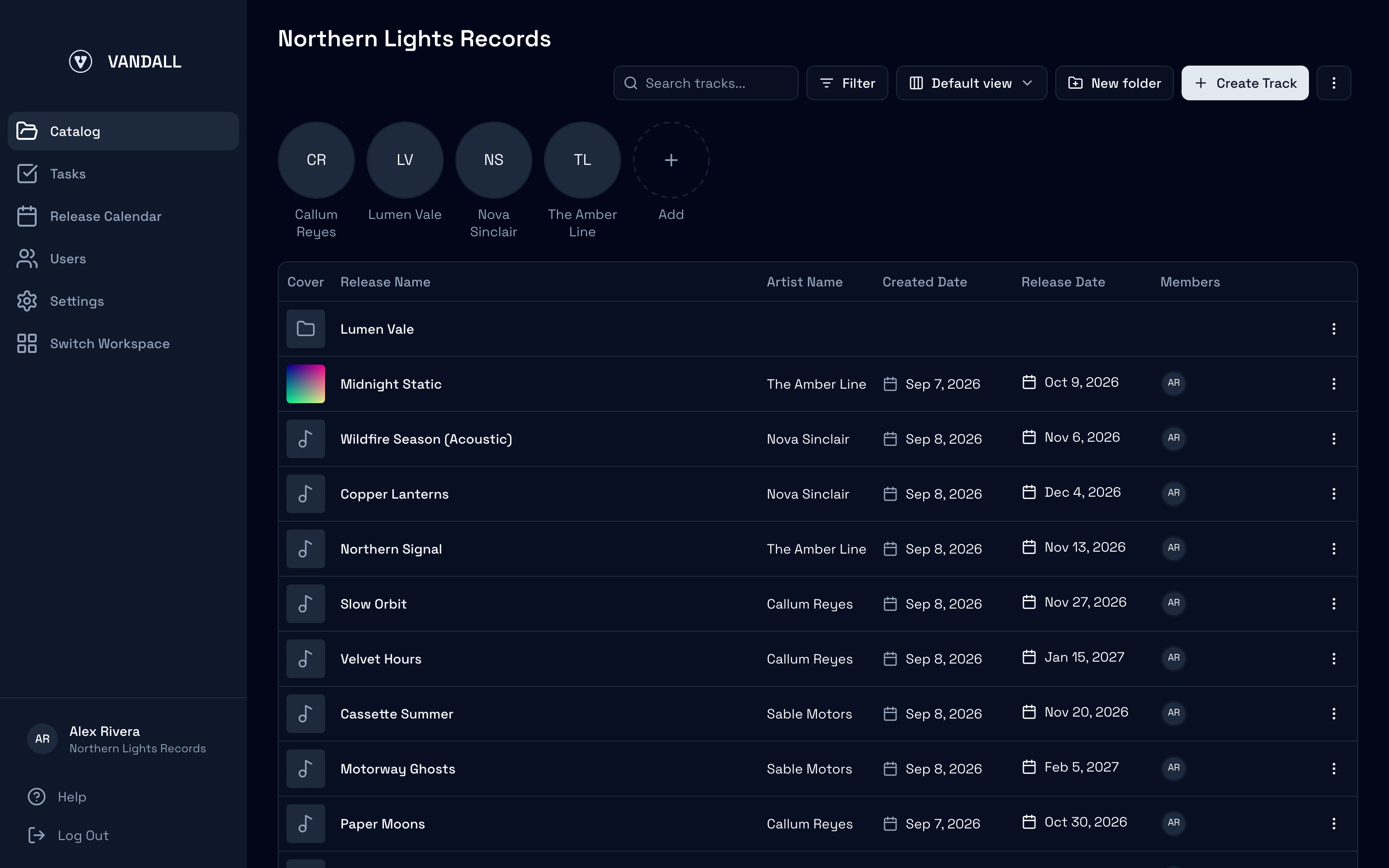 The Catalog with the roster rail across the top and the workspace’s tracks listed below it with their artists and release dates
