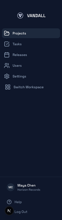 Dashboard sidebar showing Projects, Tasks, Releases, Users, Settings, and Help links