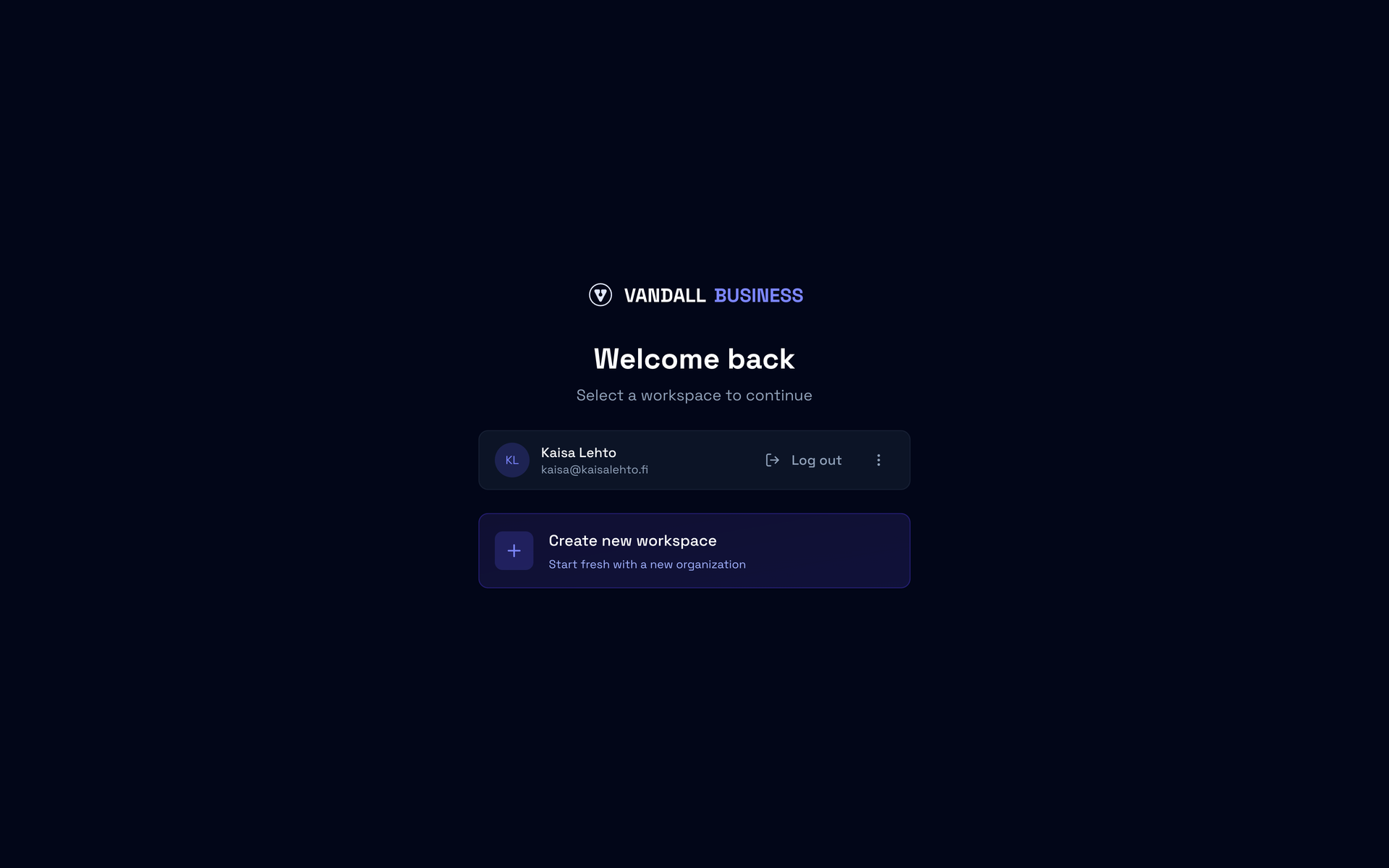 The workspace picker after signing in, with Create new workspace as the only card