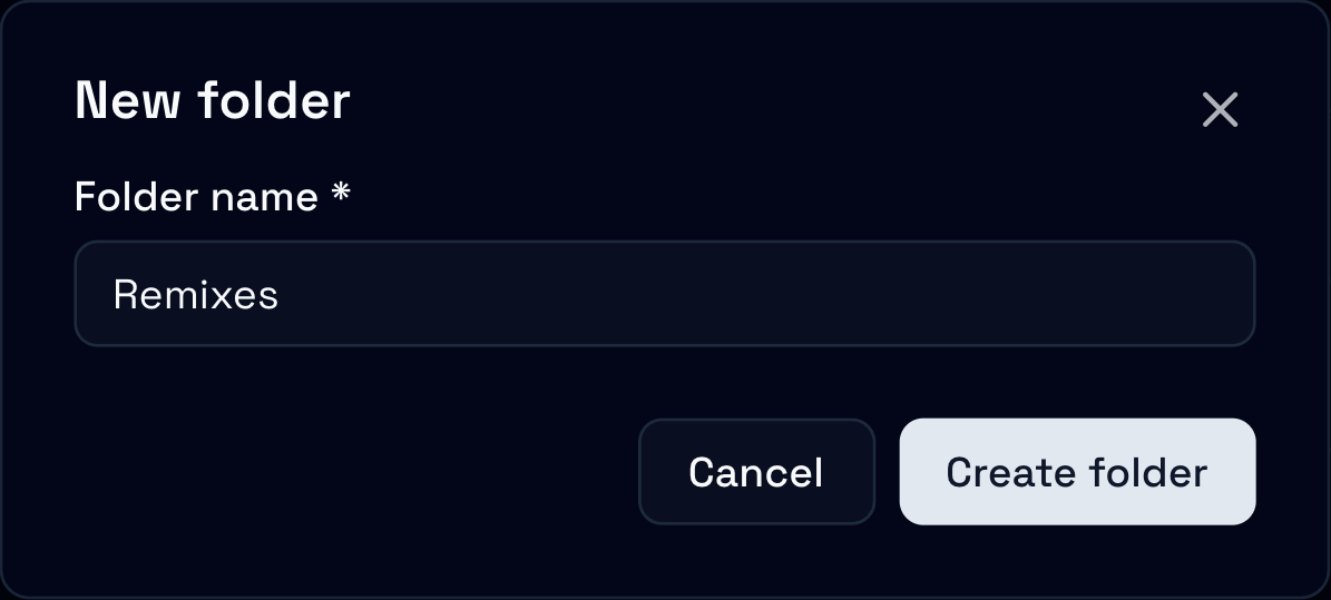 The New folder dialog with Remixes typed as the folder name and the Create folder button