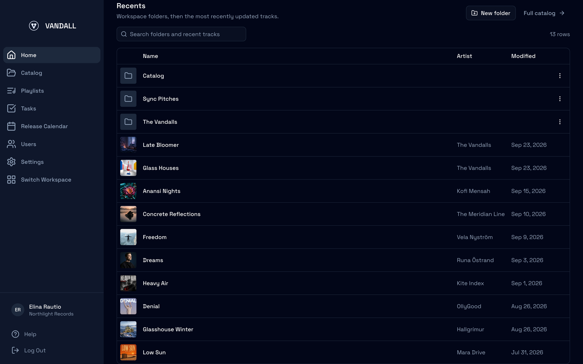 Recents on Home: folders first, then recently updated tracks with artist and modified date, a search box, New folder and Full catalog
