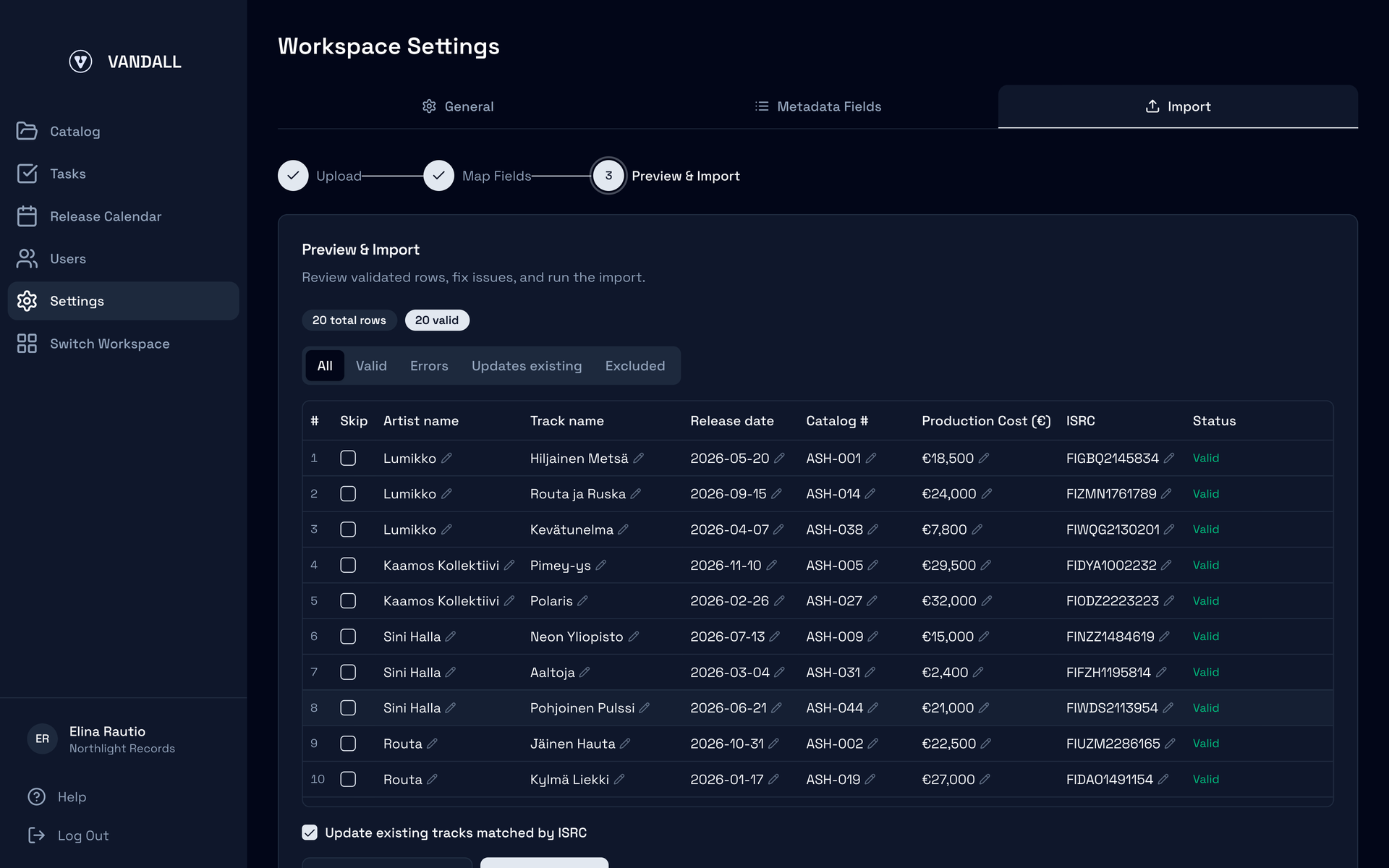 The Vandall Business import wizard preview step, with every catalog row checked before it becomes a record