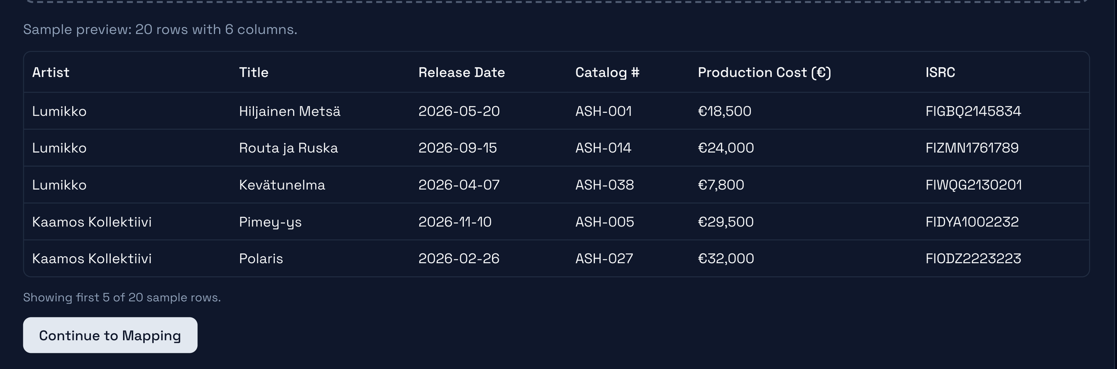 The sample preview of a label export, 20 rows in six columns: Artist, Title, Release Date, Catalog #, Production Cost and ISRC, above the Continue to Mapping button