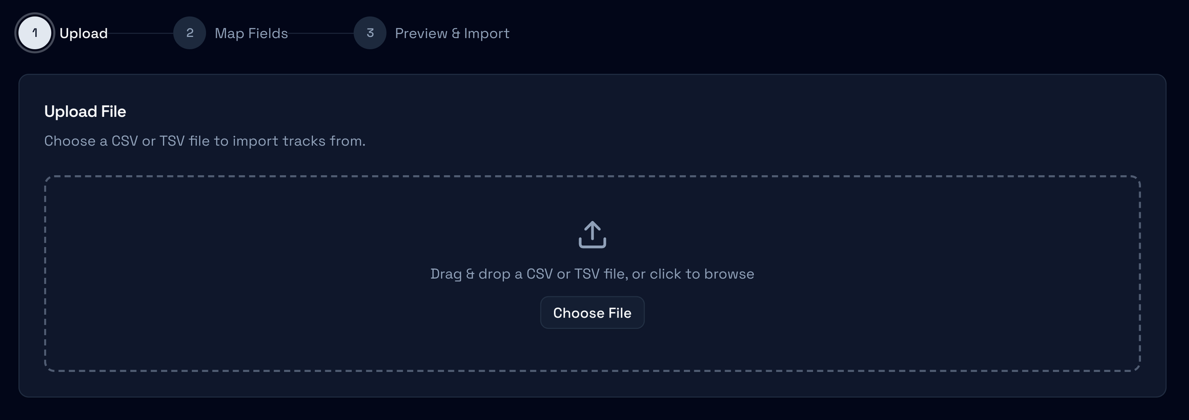 The Import wizard on its Upload step: Upload, Map Fields and Preview & Import, and the drop area with Choose File
